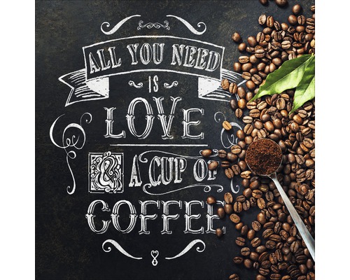 Illustration mit Kaffeebohnen, Kaffeepulver auf einem Löffel und dem Spruch: Alles was man braucht ist Liebe und eine Tasse Kaffee