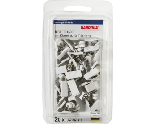 Gardinia Rollringe mit Klemme für T-Schiene, 20 Stück in Verpackung