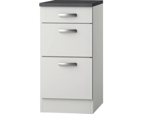 Meuble bas Lagos blanc brillant satiné (lxHxp) 40.0x84.8x60.0 cm Meuble bas de cuisine avec trois tiroirs et plan de travail
