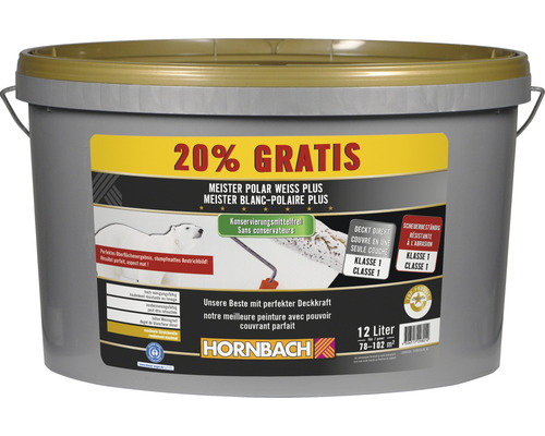 HORNBACH Wandfarbe Meister Polarweiss Plus konservierungsmittelfrei 12 l (20 % Gratis!)