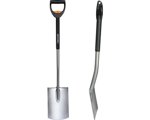 Bêche à poignée en D et logo Fiskars en deux vues