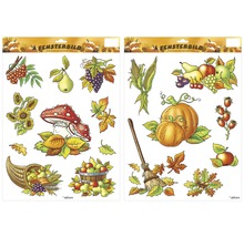 Fensterbilder mit Herbstmotiven wie Kürbisse, Pilze und Obst