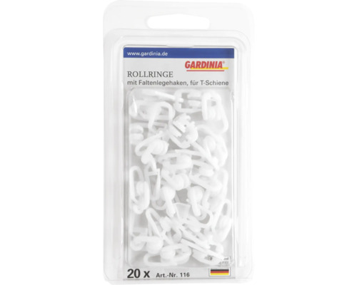 Gardinia Rollringe mit Faltenlegehaken für T-Schiene, 20 Stück, in Verpackung