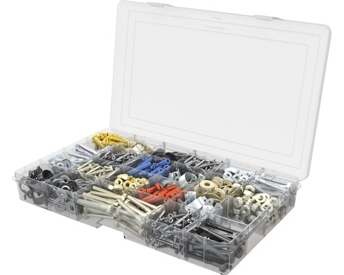 Boîte d''assortiment avec vis, écrous, chevilles et rondelles