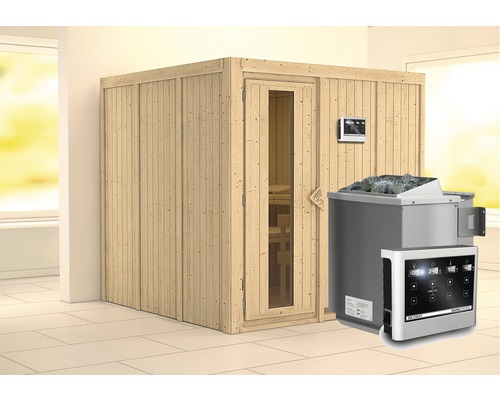 Sauna modulaire Karibu Rondina avec poêle Bio 9 kW et commande extérieure, sans frise de toit, porte en bois avec verre isolé thermiquement