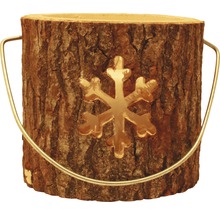 Blumentopf aus Holz mit Schneeflocke und Metallgriff