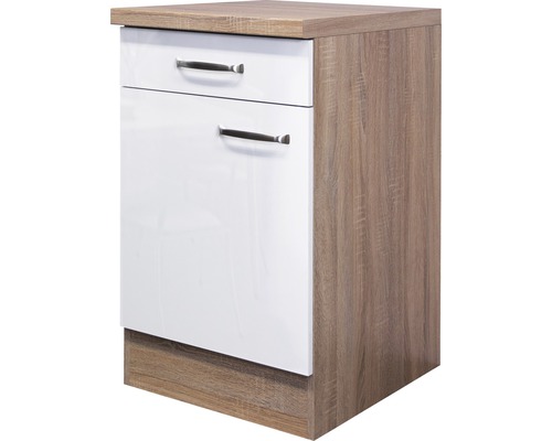 Unterschrank mit Schublade und Drehtür Flex Well Valero BxHxT 50x86x60 cm Frontfarbe weiss hochglanz - Korpusfarbe sonoma eiche Unterschrank mit Schublade und Drehtür Flex Well Valero BxHxT 50x86x60 cm Frontfarbe weiss hochglanz - Korpusfarbe sonoma eiche