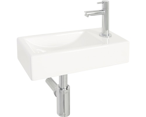 Keramikwaschbecken mit Armatur und Siphon