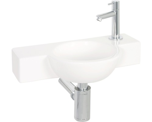 Keramikwaschtisch mit Chromarmatur und Siphon