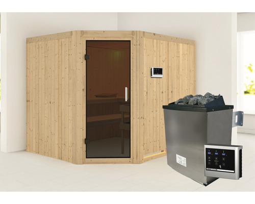 Sauna modulaire Karibu Malina avec poêle 9 kW et commande extérieure, sans frise de toit, avec porte entièrement vitrée coloris graphite