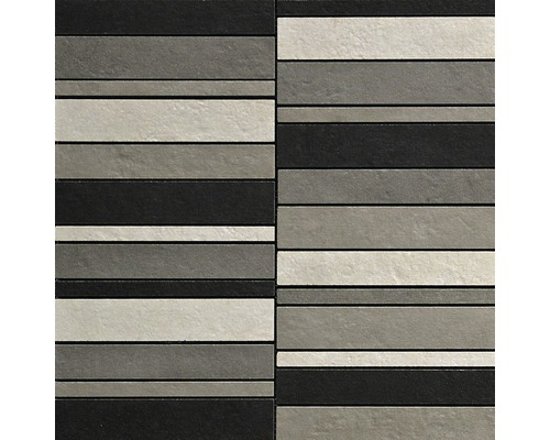 Feinsteinzeugmosaik Poseidone Mix Cold 30x30 cm Fliesen mit horizontalem Streifenmuster in verschiedenen Grautönen