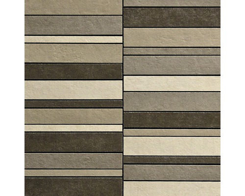 Feinsteinzeugmosaik Poseidone Mix warm 30x30 cm Fliesenmuster mit horizontalen Streifen in verschiedenen Grautönen
