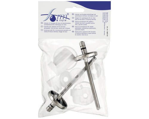 Charnière pour abattants de WC en duroplast avec système d’abaissement automatique et fonction de retrait dans un sachet plastique