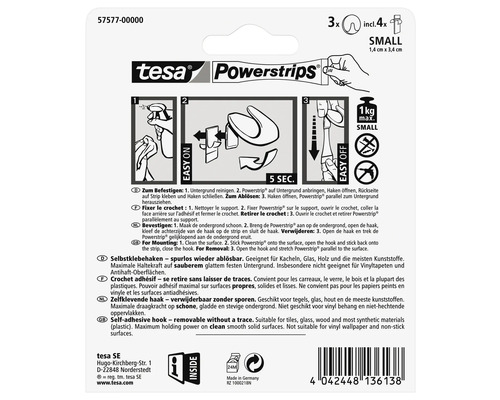 Crochet adhésif Tesa Powerstrips, se retire sans laisser de traces, quatre bandes adhésives incluses