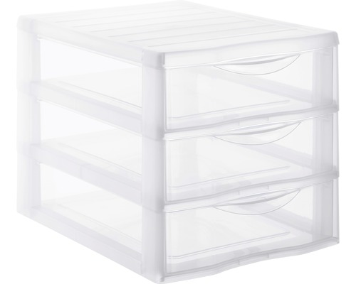 Schubladenbox mit drei transparenten Schubladen aus Kunststoff