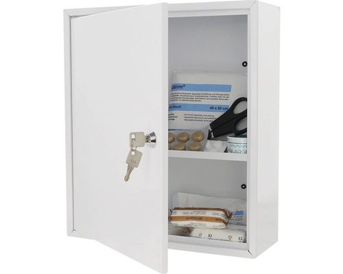Armoire à pharmacie blanche ouverte avec serrure et contenu