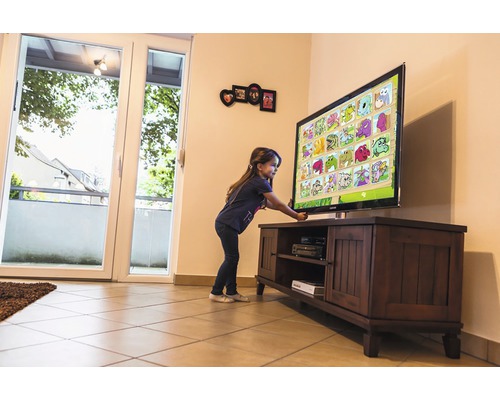 Enfant joue avec un téléviseur sur un meuble TV dans le salon.