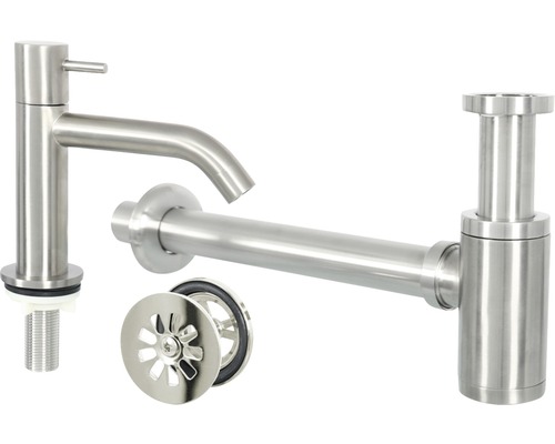 Waschtischarmatur, Siphon und Ablaufgarnitur aus Metall