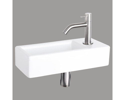 Lave-mains - Ensemble comprenant robinet de lave-mains chromé HURA céramique émaillée blanche 37.5x18.5 cm