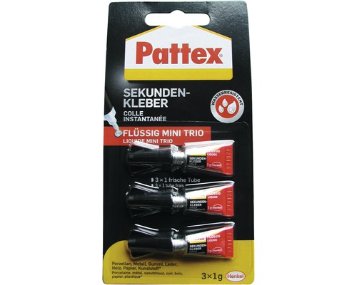 Colle instantanée Pattex Mini Trio 3 x 1 g Pattex Colle instantanée liquide Mini Trio, paquet de 3 tubes de 1 gramme