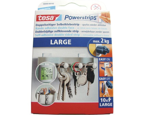 Tesa Powerstrips doppelseitiger Selbstklebestrip Large weiss max. 1 kg 10 Stück Tesa Powerstrips, doppelseitige Klebestreifen zum spurlosen Ablösen, große Ausführung, maximale Tragkraft 2 Kilogramm, 10 Stück