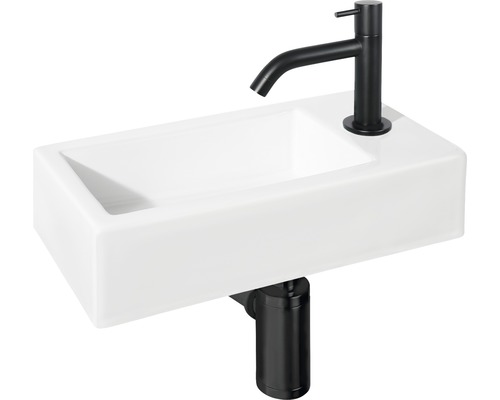 Rechteckiges Aufsatzwaschbecken aus Keramik mit Armatur