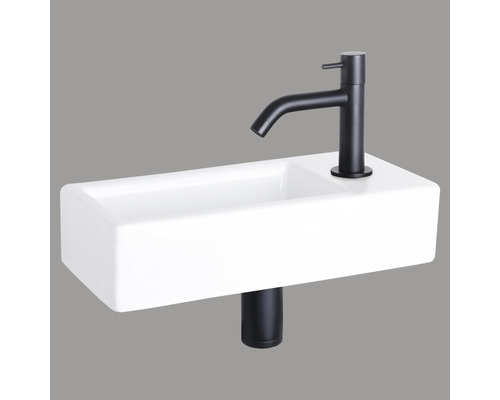Handwaschbecken - Set inkl. Standventil schwarz HURA Sanitärkeramik emailliert weiss 37.5x18.5 cm