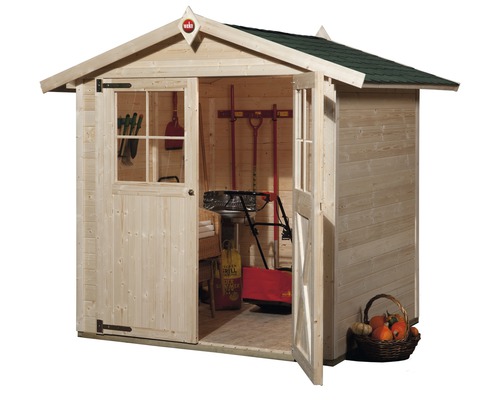 Abri de jardin en bois avec porte ouverte et outils de jardin