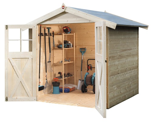 Abri de jardin en bois avec portes doubles ouvertes et outils de jardinage à l''intérieur