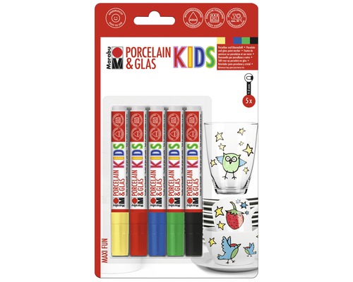 Marqueur Marabu KiDS Porcelain & Glas Maxi Fun 5x 1-3 mm Marabu stylos de porcelaine et de verre pour enfants, lot de 5 pièces, pour décorer la porcelaine et le verre