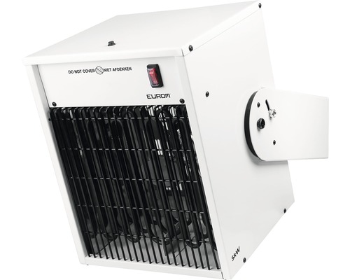 Weisser Elektroheizer zur Wandmontage mit Schutzgitter und 5 Kilowatt Leistung