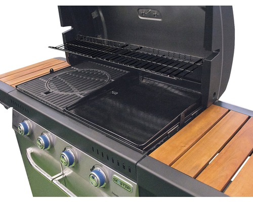 Barbecue à gaz ouvert avec grille de maintien au chaud et tables d''appoint