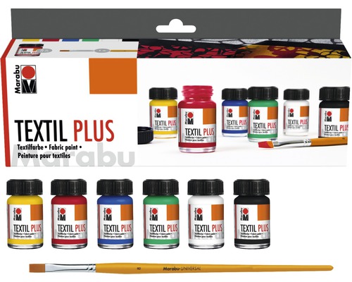Marabu Textilfarbe Textil plus Starter Set 6x 15 ml Marabu Textil Plus Stoffmalfarben Set mit Pinsel