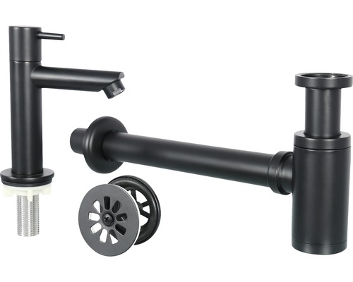 Waschtischarmatur, Siphon und Ablaufgarnitur aus Metall