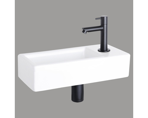 Handwaschbecken - Set inkl. Standventil schwarz HURA Sanitärkeramik emailliert weiss 37.5x18.5 cm