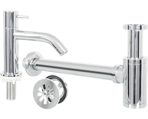 Waschtischarmatur, Siphon und Ablaufgarnitur für das Waschbecken