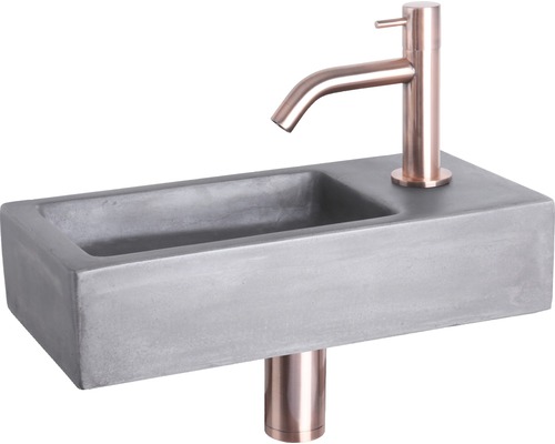 Lave-mains - Ensemble comprenant robinet de lave-mains rouge cuivre HURA béton avec revêtement gris 38.5x18.5 cm