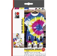 Marabu Tie Dye Style Textilspray Set mit T-Shirt und Tasche als Gestaltungsbeispiele