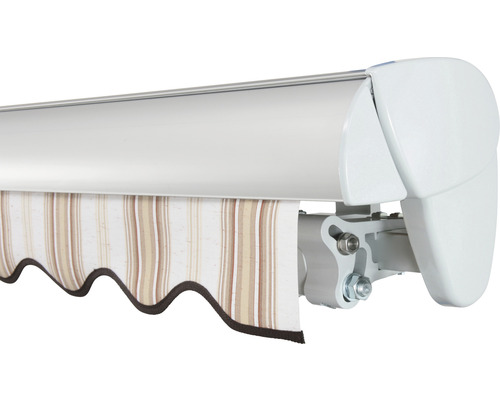 Markise mit gestreiftem Stoff und Wetterschutzdach