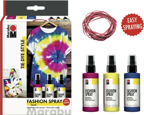 Marabu Textilspray Set zum Färben im Batikstil mit Gummibändern und drei Textilsprays