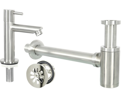 Waschtischarmatur, Siphon und Ablaufgarnitur aus Metall