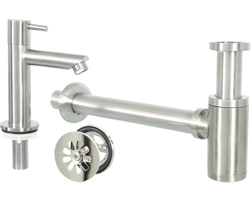 Waschtischarmatur, Siphon und Ablaufgarnitur aus Metall