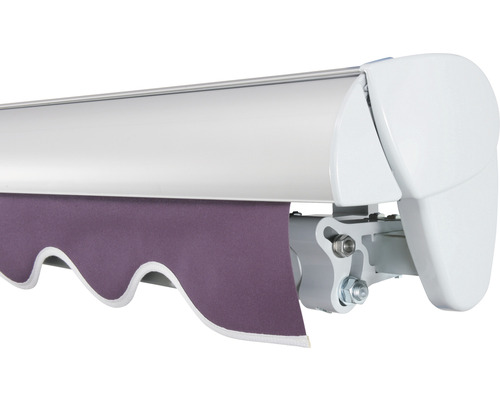 Store avec tissu violet et bordures blanches