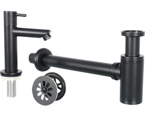 Waschtischarmatur, Siphon und Ablaufgarnitur aus Metall