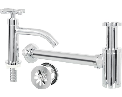 Waschtischarmatur, Siphon und Ablaufgarnitur aus Metall