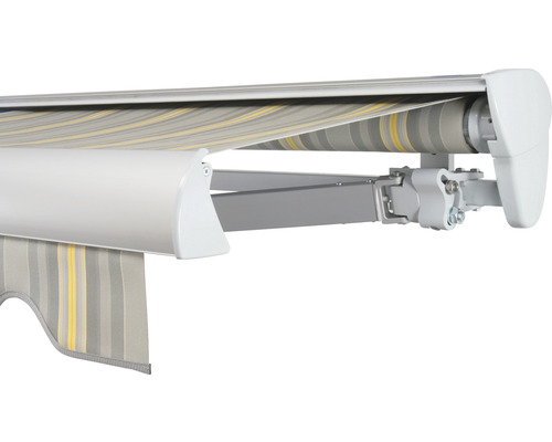 SOLUNA Halbkassettenmarkise Classic 4,5x2,5 Stoff Dessin 320477 Gestell E6EV1 silber eloxiert Antrieb rechts inkl. Motor, Wandschalter