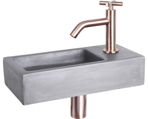 Lave-mains - Ensemble comprenant robinet de lave-mains rouge cuivre HURA béton avec revêtement gris 38.5x18.5 cm