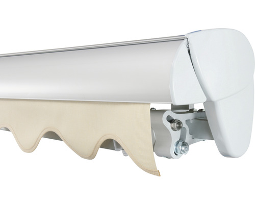 Detailansicht einer Gelenkarmmarkise mit Stoffbehang