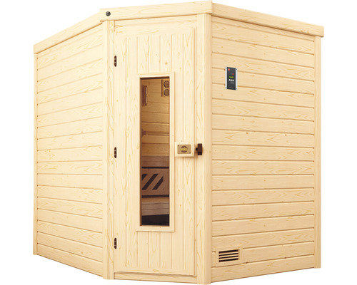 Holzsauna mit Glastür und elektronischer Steuerung