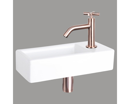 Lave-mains - Ensemble comprenant robinet de lave-mains rouge cuivre HURA céramique émaillée blanche 37.5x18.5 cm